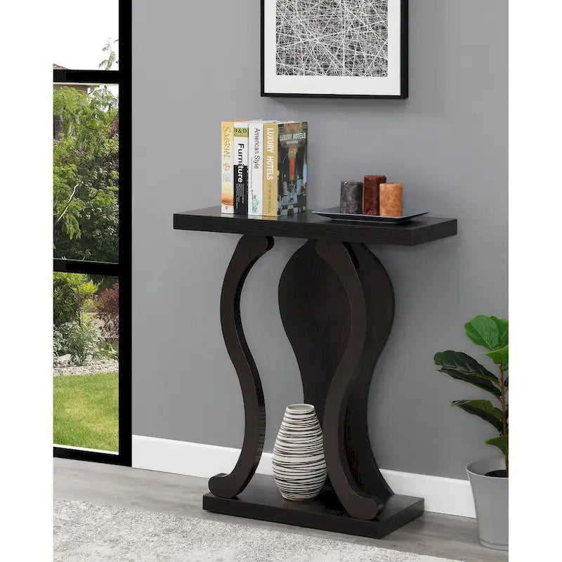 Console avec étagère – Expresso / Noir / Faux marbre noir, bois arqué moderne, utilisateur unique