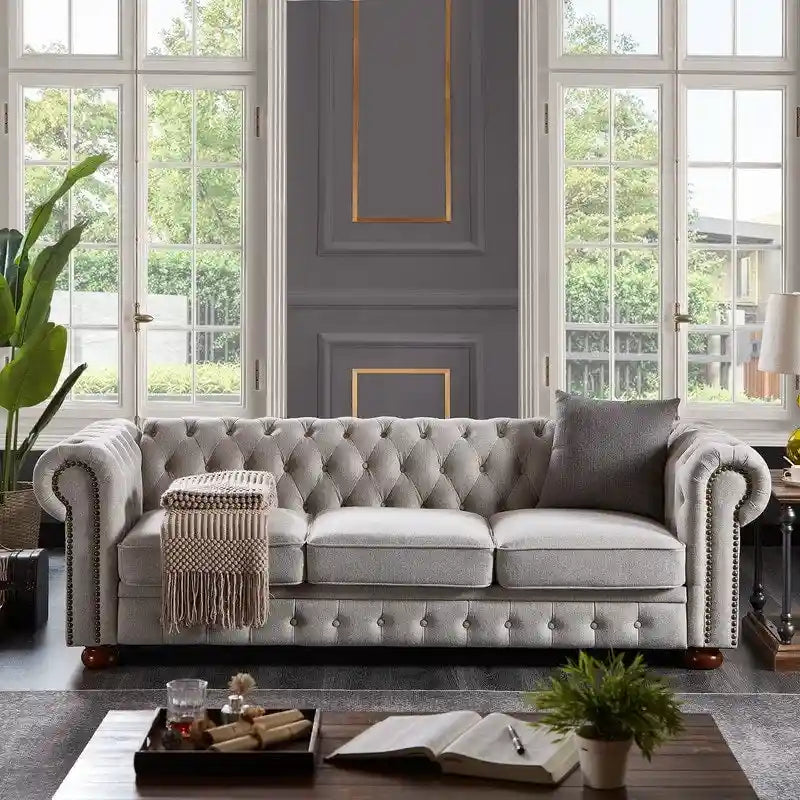Canapé Chesterfield 3 places en tissu lin beige/gris clair