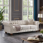 Canapé Chesterfield 3 places en tissu lin beige/gris clair