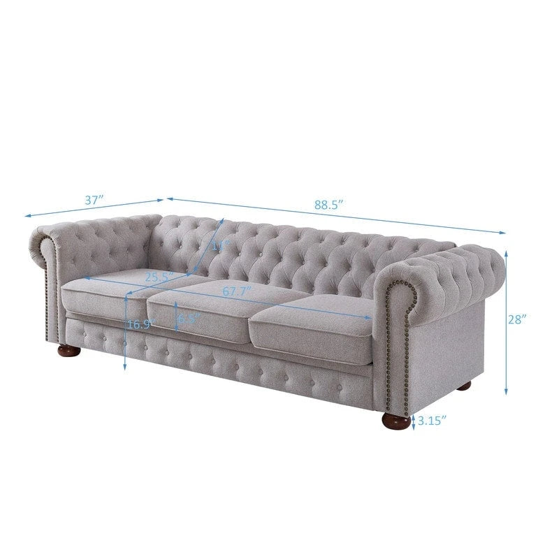 Canapé Chesterfield 3 places en tissu lin beige/gris clair