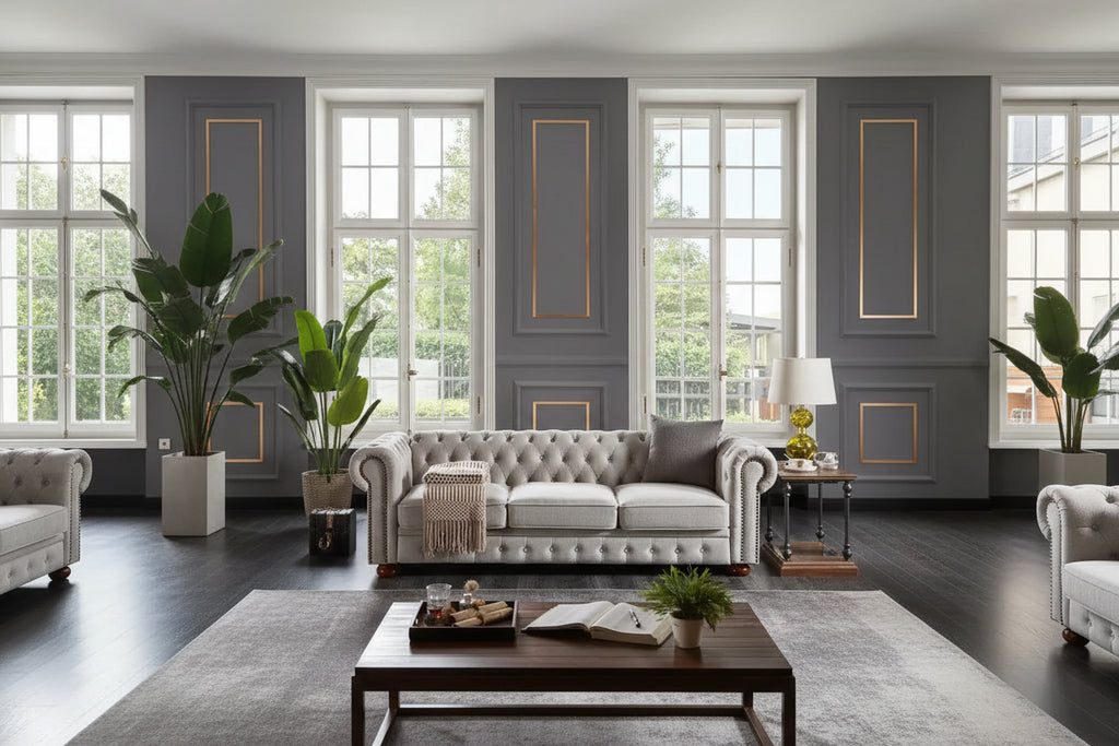 Canapé Chesterfield 3 places en tissu lin beige/gris clair