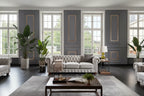 Canapé Chesterfield 3 places en tissu lin beige/gris clair