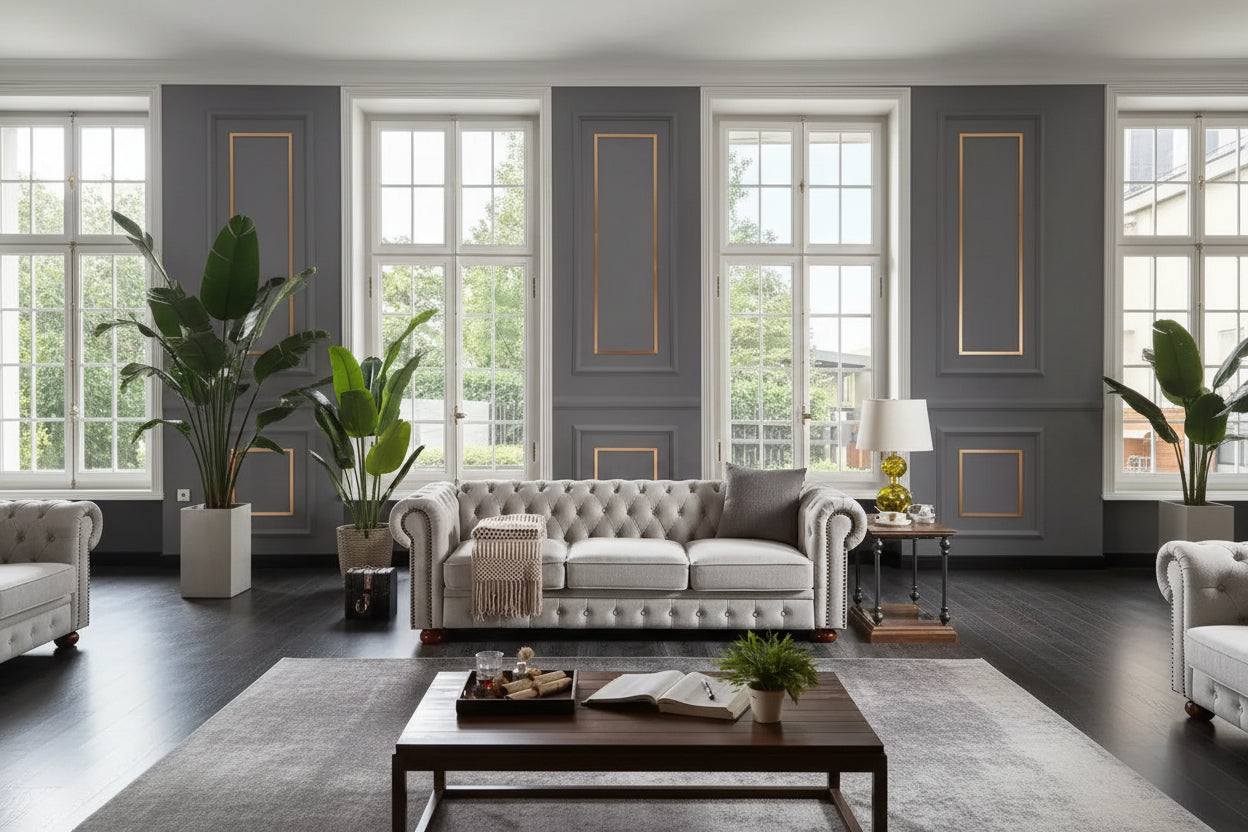 Canapé Chesterfield 3 places en tissu lin beige/gris clair