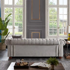 Canapé Chesterfield 3 places en tissu lin beige/gris clair