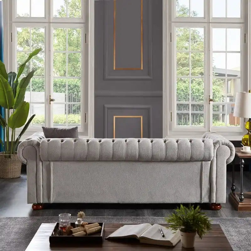 Canapé Chesterfield 3 places en tissu lin beige/gris clair