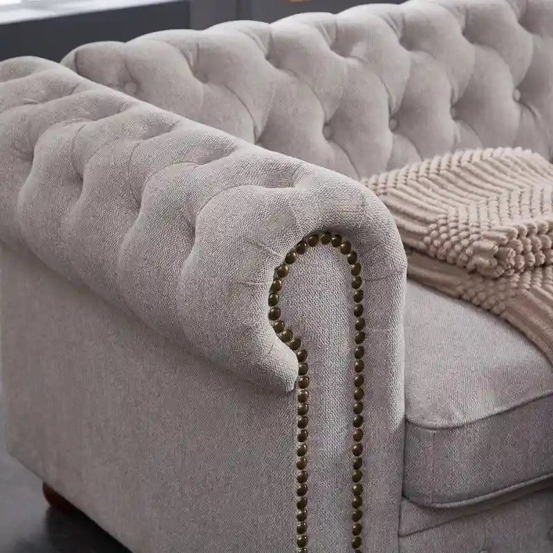 Canapé Chesterfield 3 places en tissu lin beige/gris clair