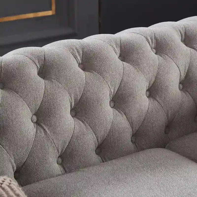 Canapé Chesterfield 3 places en tissu lin beige/gris clair