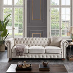 Canapé Chesterfield 3 places en tissu lin beige/gris clair