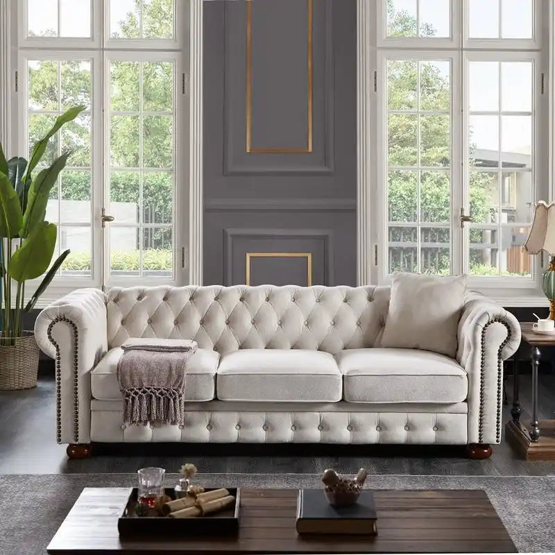 Canapé Chesterfield 3 places en tissu lin beige/gris clair