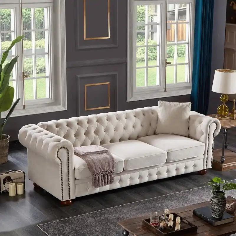 Canapé Chesterfield 3 places en tissu lin beige/gris clair