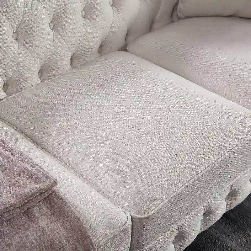 Canapé Chesterfield 3 places en tissu lin beige/gris clair