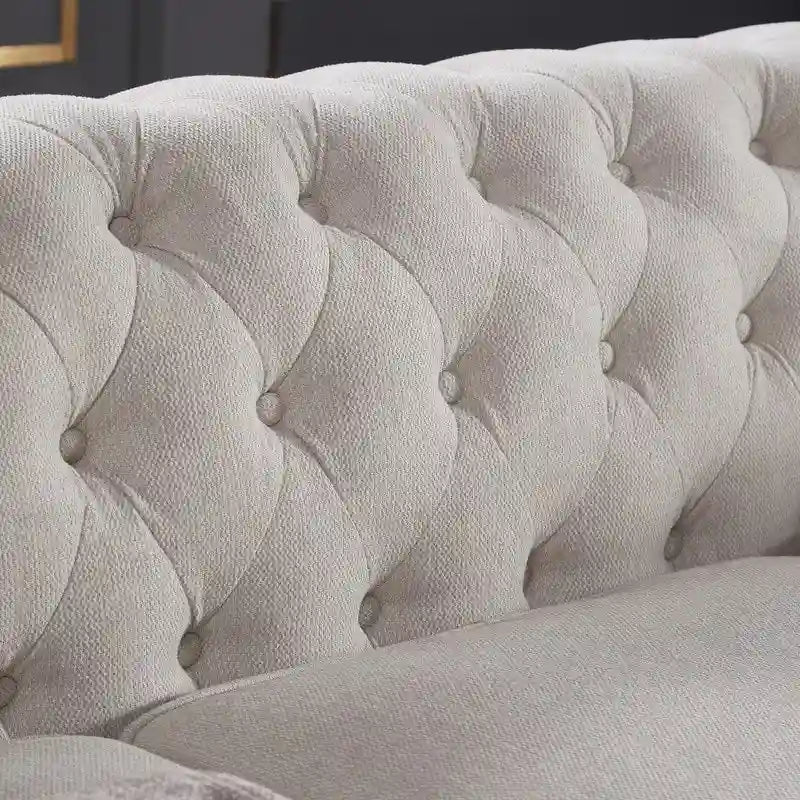 Canapé Chesterfield 3 places en tissu lin beige/gris clair