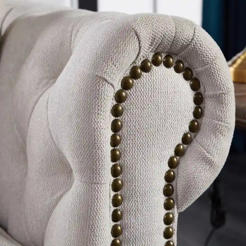 Canapé Chesterfield 3 places en tissu lin beige/gris clair