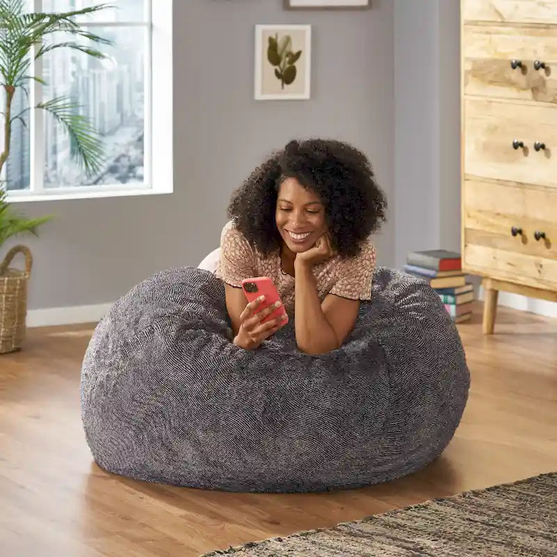 Pouf en fausse fourrure – Marron et beige / Blanc neige et beige, polyester et rembourrage en mousse, rond et moderne, pour 1 à 2 utilisateurs