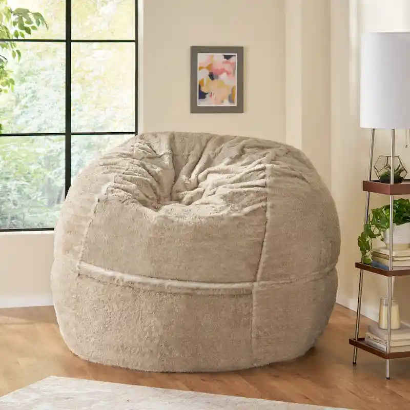 Pouf en fausse fourrure – Marron et beige / Blanc neige et beige, polyester et rembourrage en mousse, rond et moderne, pour 1 à 2 utilisateurs
