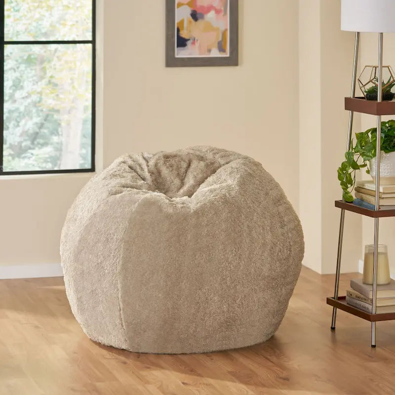Pouf en fausse fourrure – Marron et beige / Blanc neige et beige, polyester et rembourrage en mousse, rond et moderne, pour 1 à 2 utilisateurs