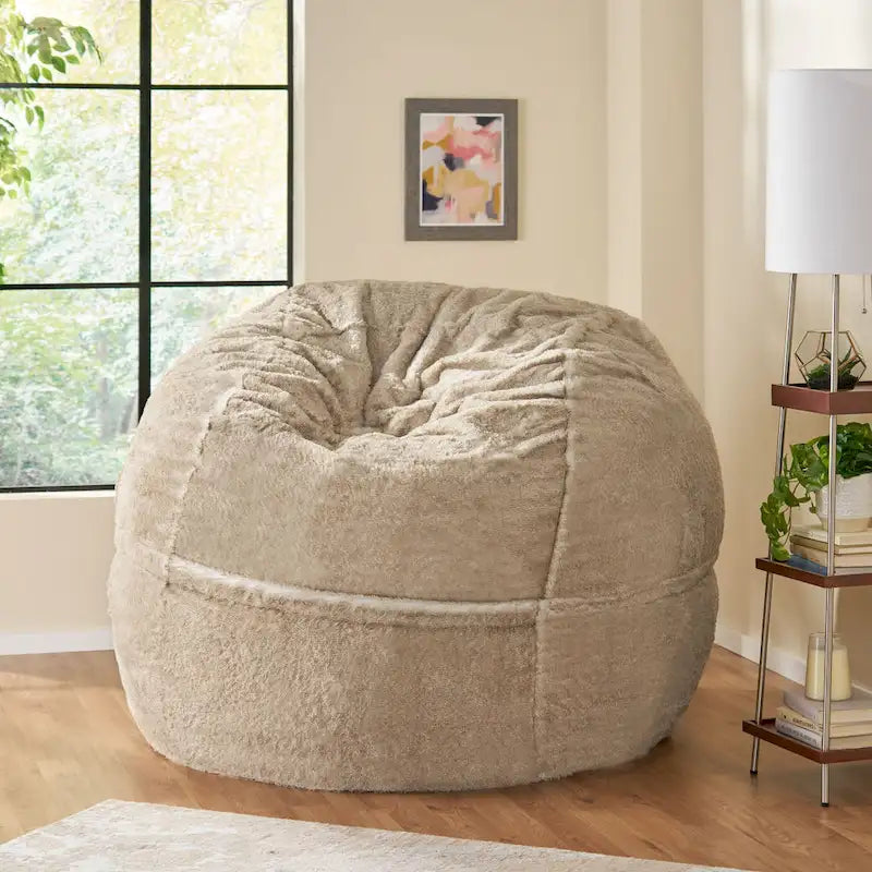 Pouf en fausse fourrure – Marron et beige / Blanc neige et beige, polyester et rembourrage en mousse, rond et moderne, pour 1 à 2 utilisateurs