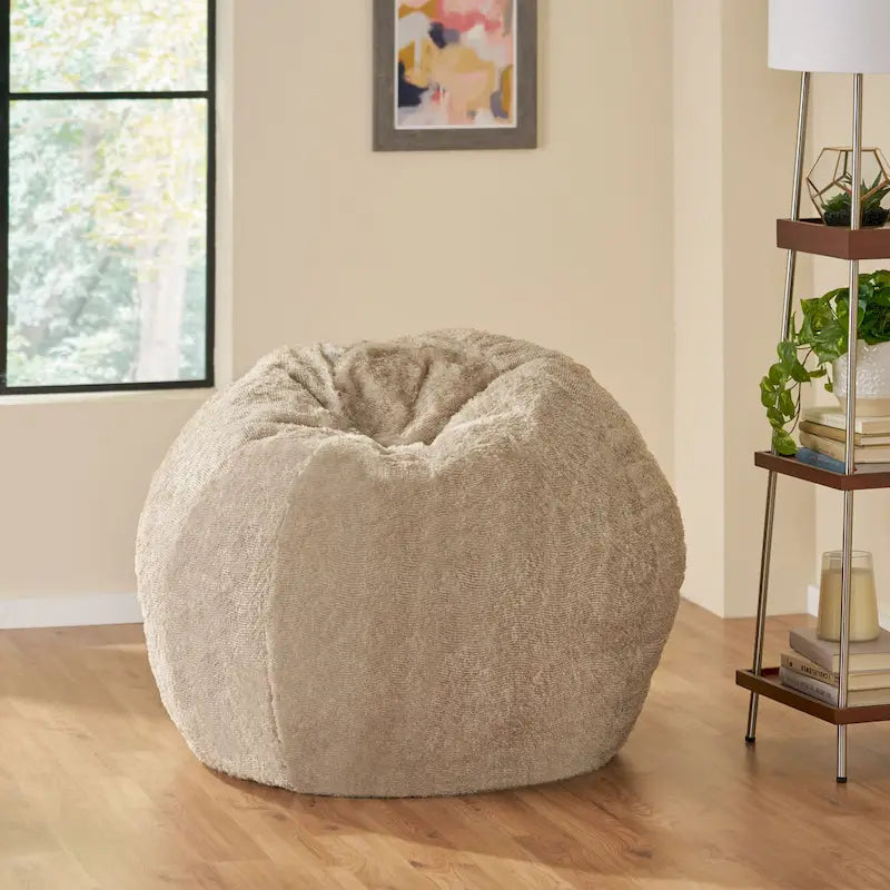 Pouf en fausse fourrure – Marron et beige / Blanc neige et beige, polyester et rembourrage en mousse, rond et moderne, pour 1 à 2 utilisateurs