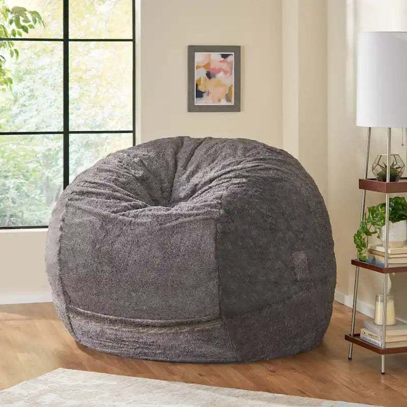 Pouf en fausse fourrure – Marron et beige / Blanc neige et beige, polyester et rembourrage en mousse, rond et moderne, pour 1 à 2 utilisateurs