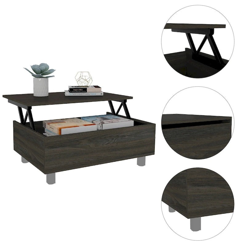 Table basse relevable avec rangement – Chêne blanc / Marron / Noir / Blanc / Noyer foncé / Expresso, bois moderne, 1 à 2 utilisateurs