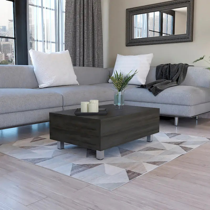 Table basse relevable avec rangement – Chêne blanc / Marron / Noir / Blanc / Noyer foncé / Expresso, bois moderne, 1 à 2 utilisateurs