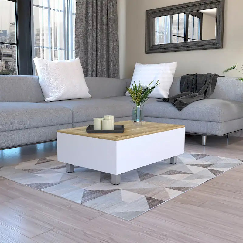 Table basse relevable avec rangement – Chêne blanc / Marron / Noir / Blanc / Noyer foncé / Expresso, bois moderne, 1 à 2 utilisateurs