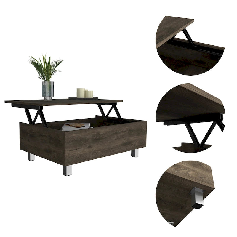 Table basse relevable avec rangement – Chêne blanc / Marron / Noir / Blanc / Noyer foncé / Expresso, bois moderne, 1 à 2 utilisateurs