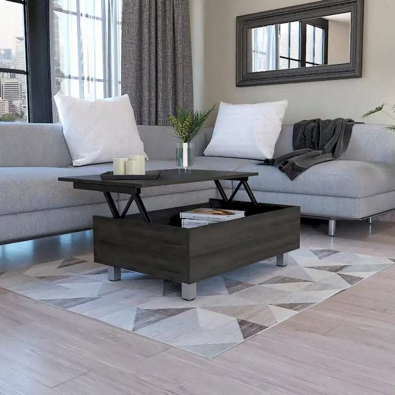 Table basse relevable avec rangement – Chêne blanc / Marron / Noir / Blanc / Noyer foncé / Expresso, bois moderne, 1 à 2 utilisateurs