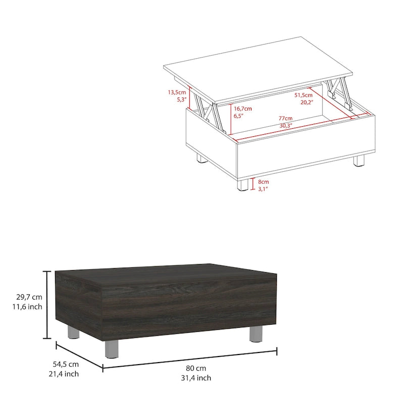 Table basse relevable avec rangement – Chêne blanc / Marron / Noir / Blanc / Noyer foncé / Expresso, bois moderne, 1 à 2 utilisateurs