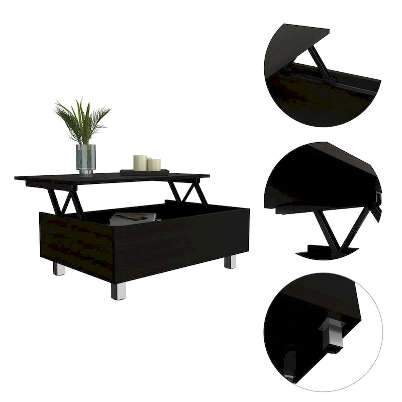 Table basse relevable avec rangement – Chêne blanc / Marron / Noir / Blanc / Noyer foncé / Expresso, bois moderne, 1 à 2 utilisateurs