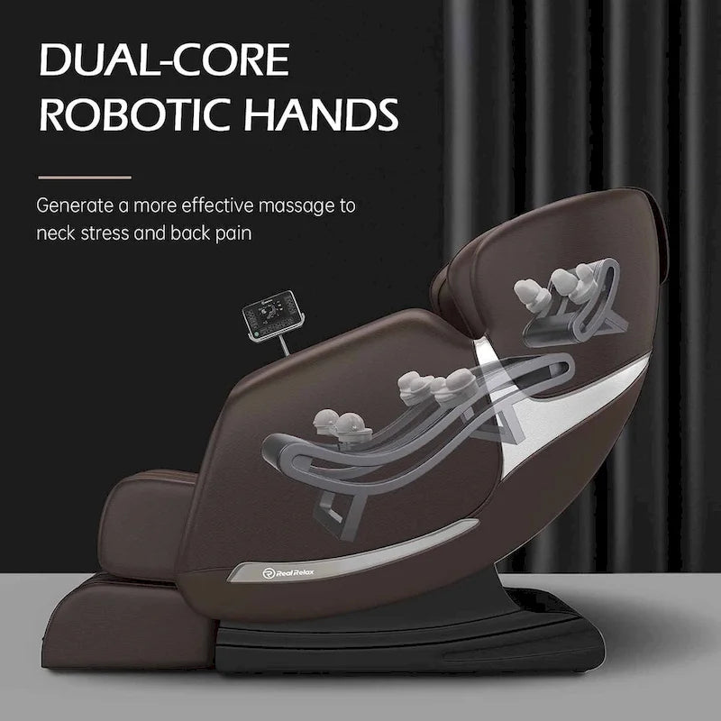Fauteuil de massage zéro gravité intégral en cuir marron/noir avec rail en S et contrôle par application pour 1 personne