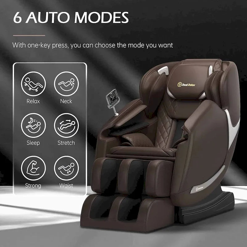 Fauteuil de massage zéro gravité intégral en cuir marron/noir avec rail en S et contrôle par application pour 1 personne