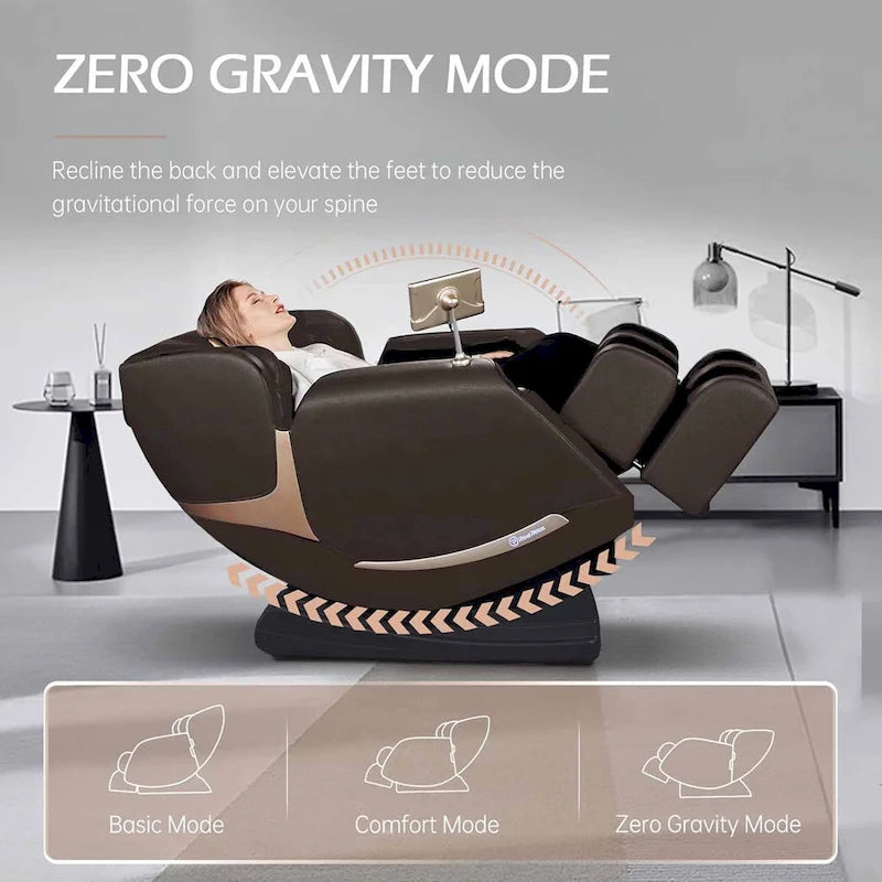 Fauteuil de massage zéro gravité intégral en cuir marron/noir avec rail en S et contrôle par application pour 1 personne