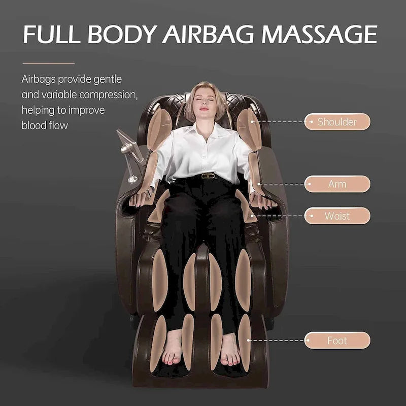 Fauteuil de massage zéro gravité intégral en cuir marron/noir avec rail en S et contrôle par application pour 1 personne