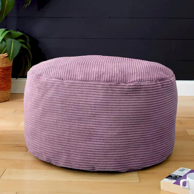 Grand pouf rond en velours côtelé – violet / gris clair / turquoise, rembourrage moderne en polyester et billes de polystyrène, pour une personne