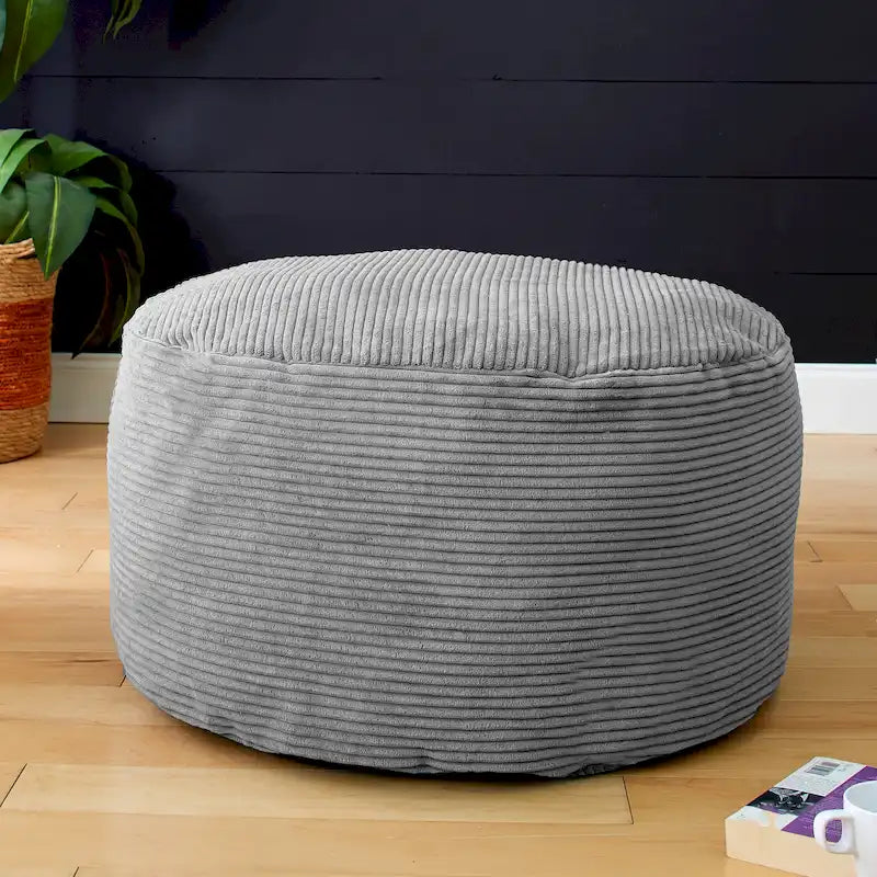 Grand pouf rond en velours côtelé – violet / gris clair / turquoise, rembourrage moderne en polyester et billes de polystyrène, pour une personne