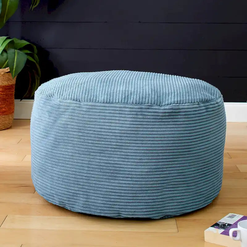 Grand pouf rond en velours côtelé – violet / gris clair / turquoise, rembourrage moderne en polyester et billes de polystyrène, pour une personne