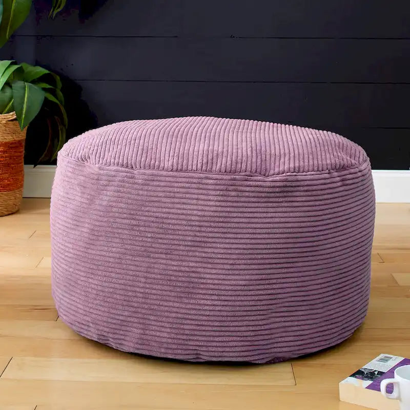 Grand pouf rond en velours côtelé – violet / gris clair / turquoise, rembourrage moderne en polyester et billes de polystyrène, pour une personne