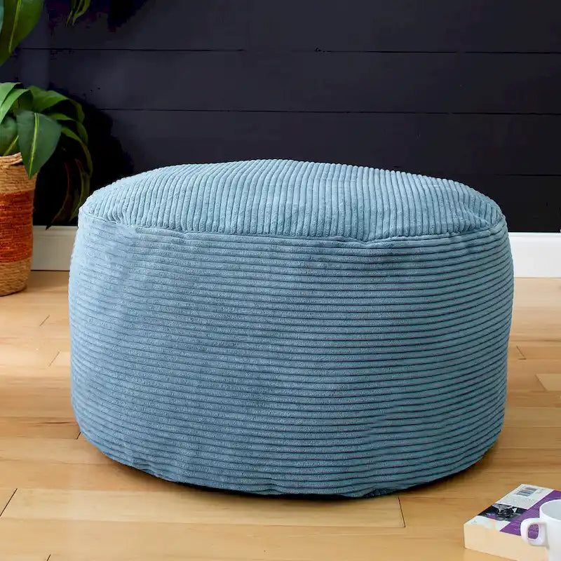 Grand pouf rond en velours côtelé – violet / gris clair / turquoise, rembourrage moderne en polyester et billes de polystyrène, pour une personne