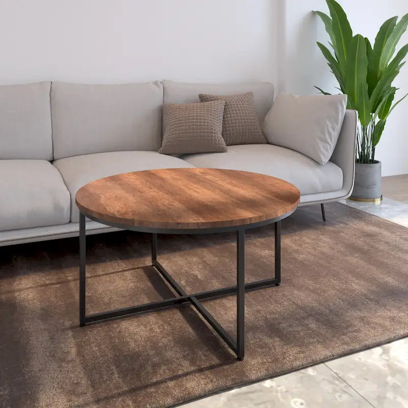Table basse ronde – Marron/Naturel, Piétement en X en métal moderne et bois, 1 à 2 utilisateurs