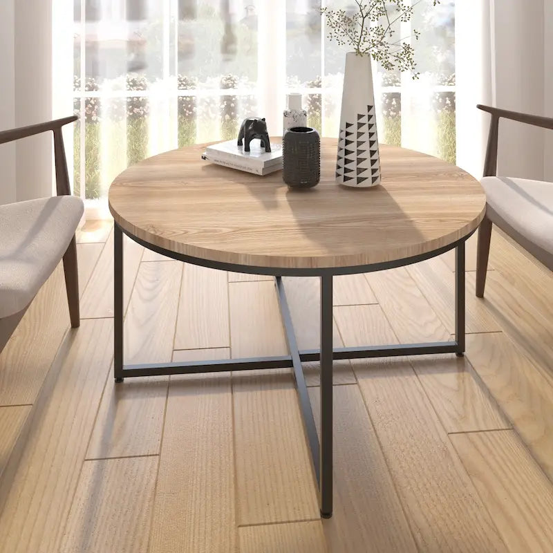 Table basse ronde – Marron/Naturel, Piétement en X en métal moderne et bois, 1 à 2 utilisateurs