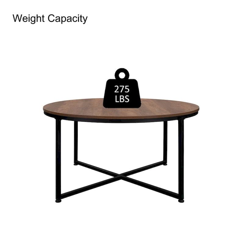 Table basse ronde – Marron/Naturel, Piétement en X en métal moderne et bois, 1 à 2 utilisateurs