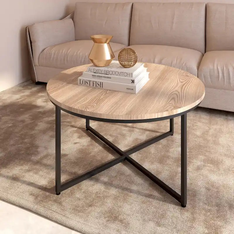 Table basse ronde – Marron/Naturel, Piétement en X en métal moderne et bois, 1 à 2 utilisateurs