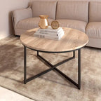 Table basse ronde – Marron/Naturel, Piétement en X en métal moderne et bois, 1 à 2 utilisateurs