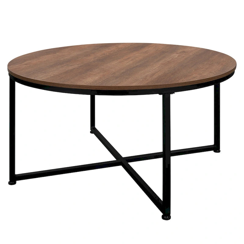 Table basse ronde – Marron/Naturel, Piétement en X en métal moderne et bois, 1 à 2 utilisateurs