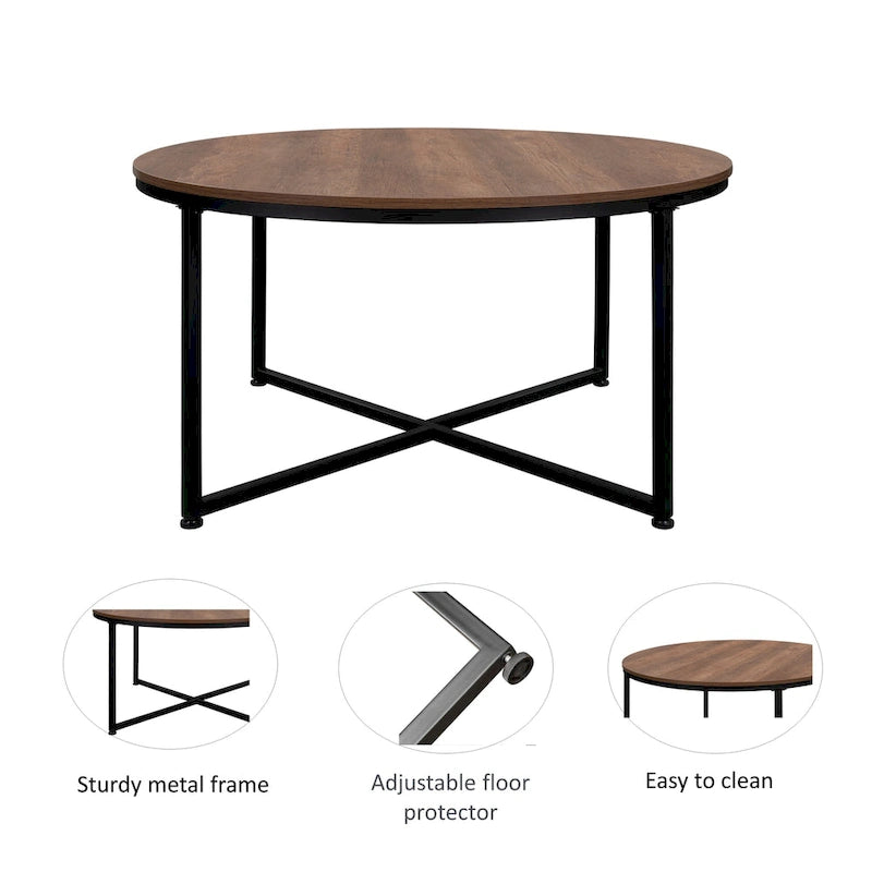 Table basse ronde – Marron/Naturel, Piétement en X en métal moderne et bois, 1 à 2 utilisateurs