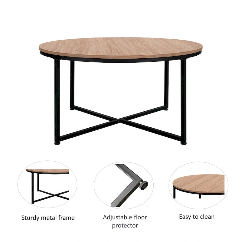 Table basse ronde – Marron/Naturel, Piétement en X en métal moderne et bois, 1 à 2 utilisateurs
