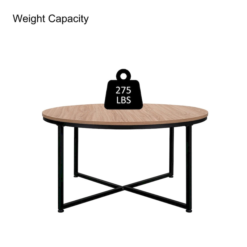 Table basse ronde – Marron/Naturel, Piétement en X en métal moderne et bois, 1 à 2 utilisateurs