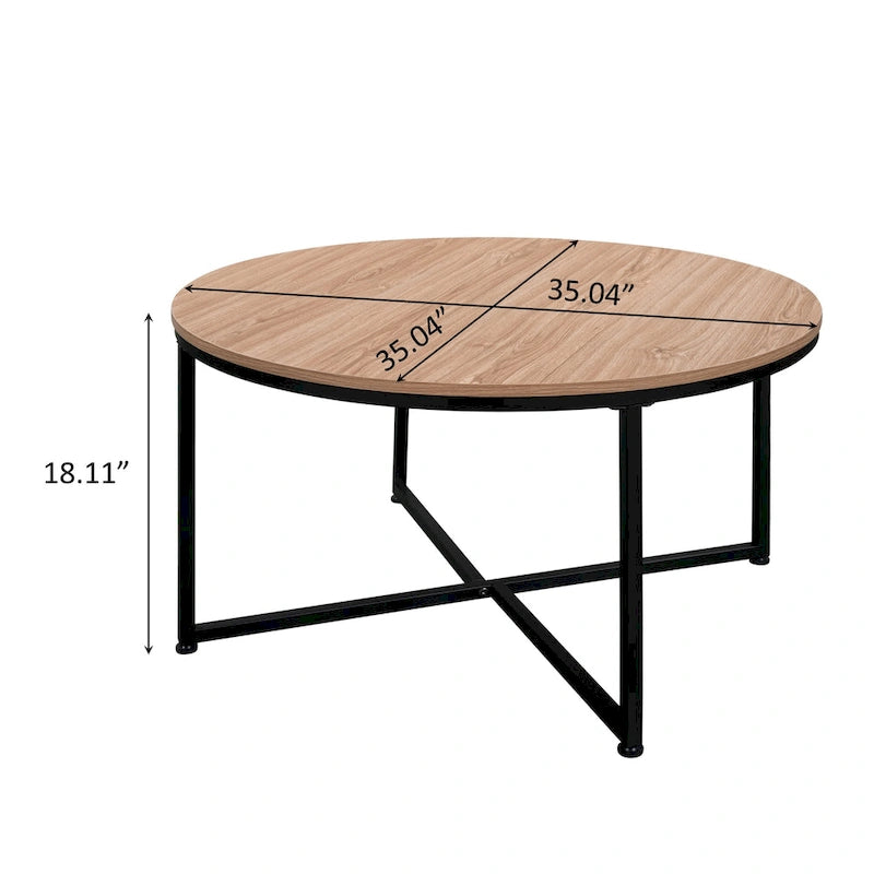 Table basse ronde – Marron/Naturel, Piétement en X en métal moderne et bois, 1 à 2 utilisateurs