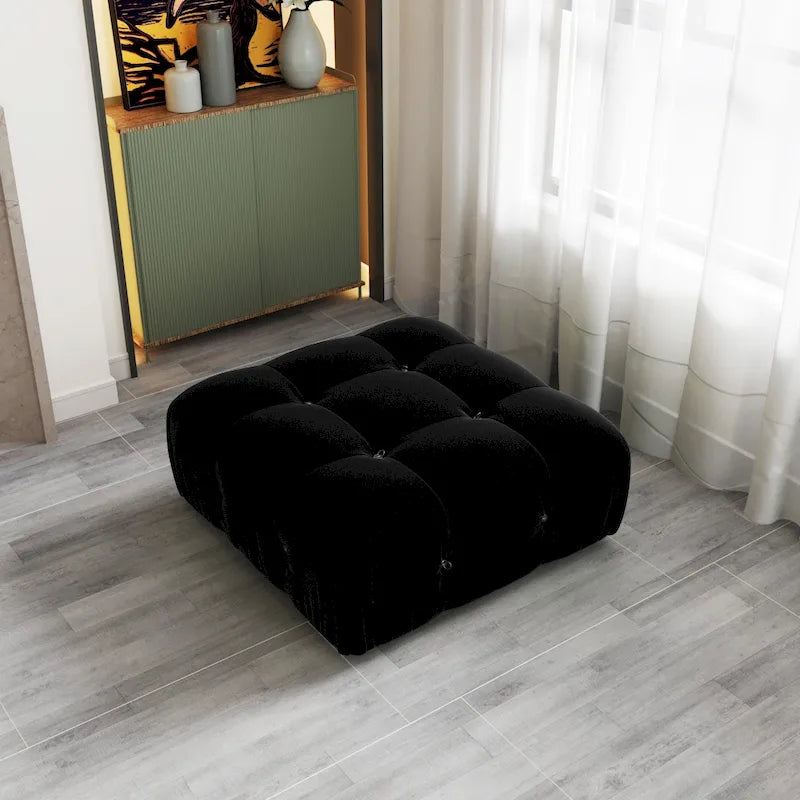 Pouf carré en velours – Beige / Noir / Vert / Orange, bois massif et ressorts, minimaliste, 1 à 2 places